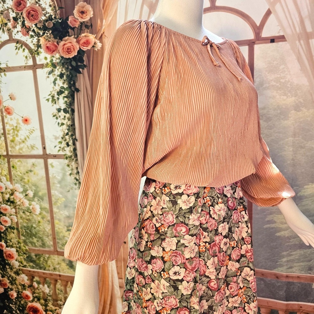 Vintage 1970s Blouse Top Shirt Micro-pleated Balloon Sleeves Dusty Peach Boho